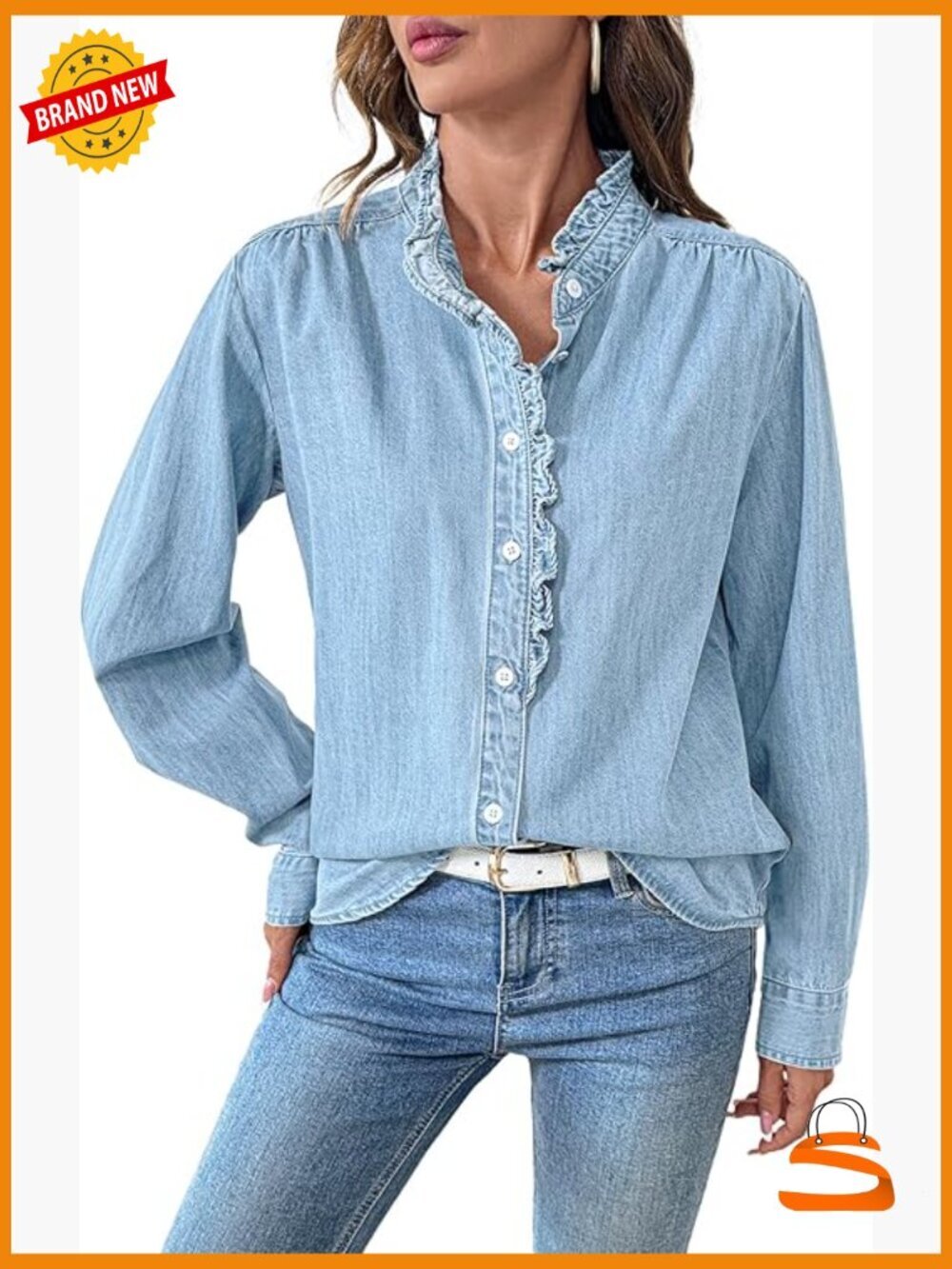 Denim Button Down Shirt with Ruffled Edges Long Sleeve Blouse Top